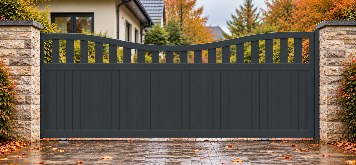 A black gray aluminium gate installed in a stone pillar driveway, with autumn trees and a house visible in the background.