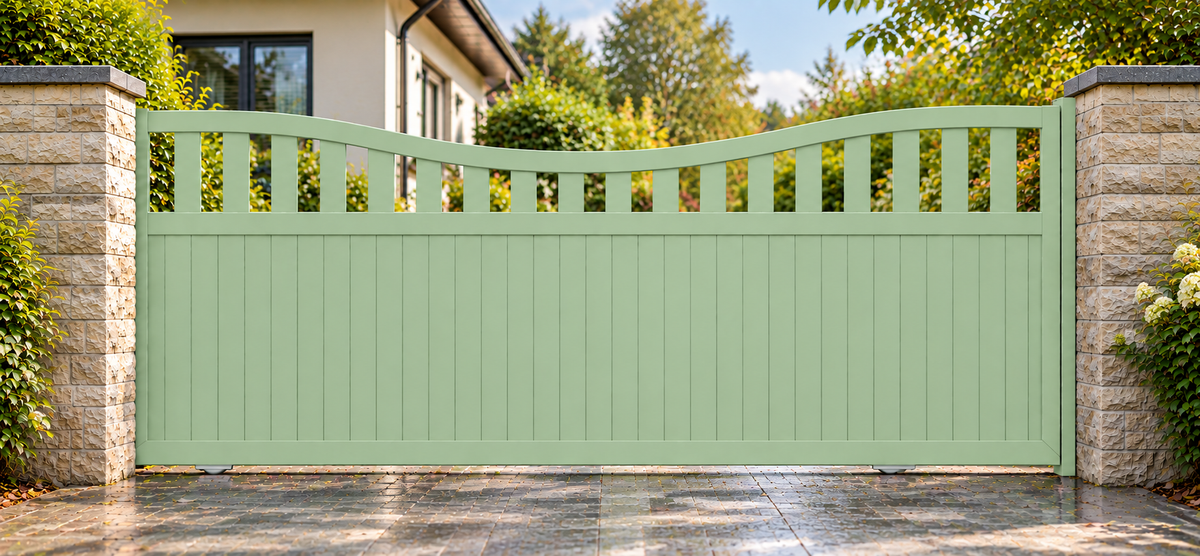 A pastel green aluminium gate with vertical panelling and a decorative slotted top, set between stone pillars on a wet paved driveway with a house and trees in the background.