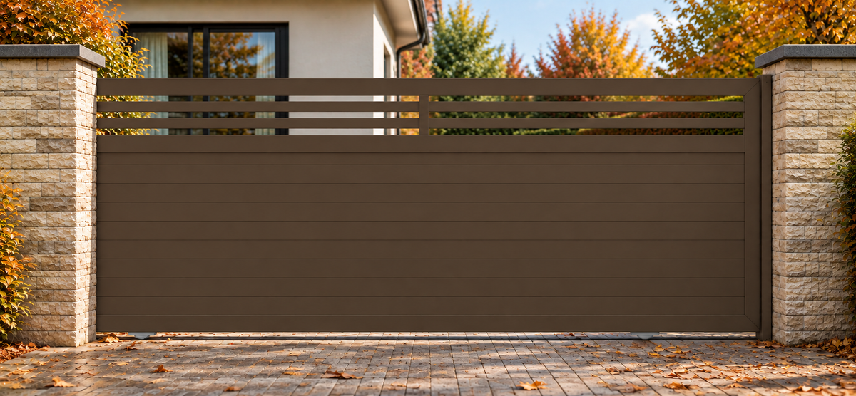Anatase Design Sliding Aluminium Gate Orsen in Sepia Brown RAL 8014