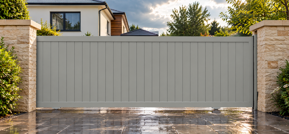 Jade Design Vertical Sliding Aluminium Gate Orsen in Agate Grey RAL 7038