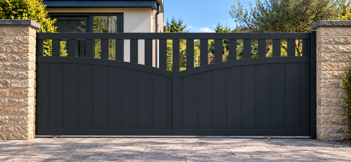 A modern black metal double gate with vertical panels and a decorative top rail, set between two stone pillars with a paved driveway and a house in the background.