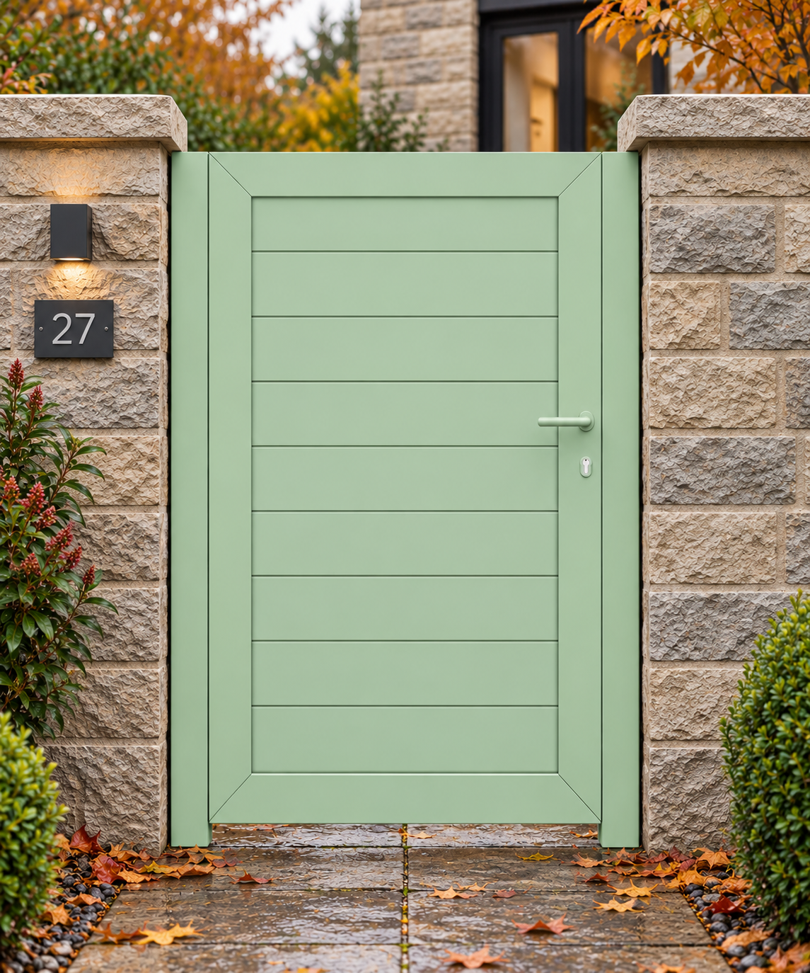 Opal Design Pedestrian Gate Orsen in Pastel Green RAL 7032 Colour