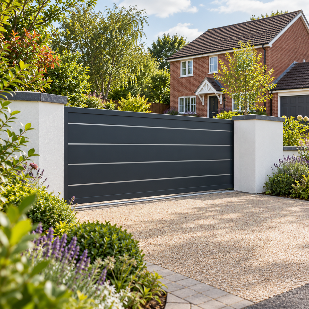 A modern dark gray sectional driveway gate installed between white pillars, set within a landscaped garden with gravel and brick house visible in the background.